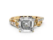 Leaf Motif Engagement Ring Setting for Asscher Cut Center with Pave Band and Prong Head in Yellow Gold
