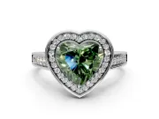 Halo Engagement Ring Setting for Fancy Green Heart-Shaped Center with Outer Bezel Rim, Pave Band and Prong Head in White Gold