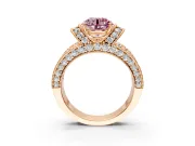 Pave Engagement Ring Setting for Fancy Pink Round Cut Center with Curved Accent Rows, Openwork and Prong Head in Rose Gold