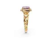 Halo Engagement Ring Setting for Fancy Pink Princess Cut Center with Open Scroll Shoulders and Prong Head in Yellow Gold