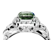 Halo Engagement Ring Setting for Fancy Green Radiant Cut Center with Open Scroll Shoulders and Prong Head in Platinum