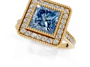 Halo Engagement Ring Setting for Fancy Blue Princess Cut Center with Milgrain Frame, Pave Band and Prong Head in Yellow Gold