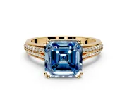 Solitaire Engagement Ring Setting for Fancy Blue Asscher Cut Center with Pave Rail Split Shank and Prong Head in Yellow Gold