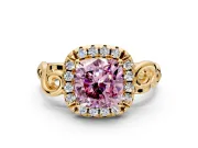 Halo Engagement Ring Setting for Fancy Pink Cushion Cut Center with Open Scroll Shoulders and Prong Head in Yellow Gold