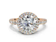 Halo Engagement Ring Setting for Round Cut Center with Heart-Shaped Openwork, Pave Band and Prong Head in Rose Gold