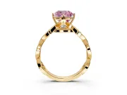 Solitaire Engagement Ring Setting for Fancy Pink Cushion Cut Center with Accented Twist Band and Leaf Prong Head in Yellow Gold