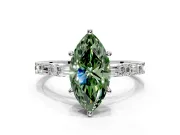 Baguette Engagement Ring Setting for Fancy Green Marquise Center with Alternating Bar-Set Band and Prong Head in White Gold