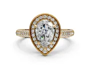 Milgrain Halo Engagement Ring Setting for Pear-Shaped Center with Three-Sided Pave Band and Prong Head in Yellow Gold