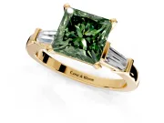3 Stone Engagement Ring Setting for Fancy Green Princess Cut Center with Channel Baguette Accents and Prong Head in Yellow Gold