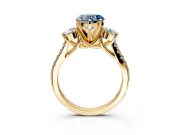 3 Stone Engagement Ring Setting for Fancy Blue Heart-Shaped Center with Crossover Basket, Pave Band and Prong Head in Yellow Gold