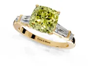 Bar-Set Engagement Ring Setting for Fancy Yellow Cushion Cut Center with Tapered Baguette Accents and Prong Head in Yellow Gold