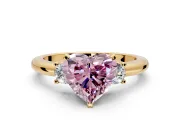 3 Stone Engagement Ring Setting for Fancy Pink Heart-Shaped Center with Wide Plain Band and Prong Head in Yellow Gold
