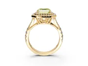 Double Halo Engagement Ring Setting for Fancy Yellow Asscher Cut Center with Narrow Pave Split Shank and Prong Head in Yellow Gold