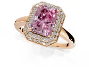 Halo Engagement Ring Setting for Fancy Pink Radiant Cut Center with Plain Tapered Band and Prong Head in Rose Gold