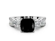3 Stone Engagement Ring Setting for Fancy Black Cushion Cut Center with Pave Split Shank and Prong Head in White Gold