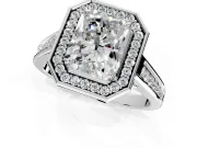 Halo Engagement Ring Setting for Radiant Cut Center with Outer Bezel Rim, Pave Band and Prong Head in Platinum