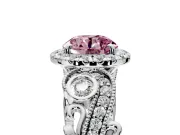 Milgrain Halo Engagement Ring Setting for Fancy Pink Round Cut Center with Shoulder Bezels and Prong Head in Platinum