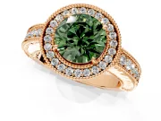 Milgrain Halo Engagement Ring Setting for Fancy Green Round Cut Center with Pave Band and Prong Head in Rose Gold