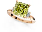 3 Stone Engagement Ring Setting for Fancy Yellow Asscher Cut Center with Wide Plain Band and Prong Head in Rose Gold