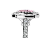 Halo Engagement Ring Setting for Fancy Pink Radiant Cut Center with Milgrain Frame, Pave Band and Prong Head in White Gold