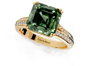 Solitaire Engagement Ring Setting for Fancy Green Asscher Cut Center with Pave Rail Split Shank and Prong Head in Yellow Gold
