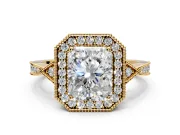 Halo Engagement Ring Setting for Radiant Cut Center with Milgrain Rim, Pave Band and Prong Head in Yellow Gold