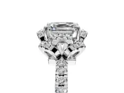 Halo Engagement Ring Setting for Asscher Cut Center with Openwork Halo, Pave Band and Prong Head in White Gold