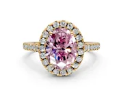 Halo Engagement Ring Setting for Fancy Pink Oval Center with Raised Halo, Pave Band and Prong Head in Yellow Gold