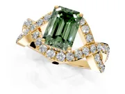 Halo Engagement Ring Setting for Fancy Green Emerald Cut Center with Pave Infinity Twist Band and Prong Head in Yellow Gold