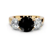 3 Stone Engagement Ring Setting for Fancy Black Round Cut Center with Raised Basket Heads and Prong Head in Yellow Gold