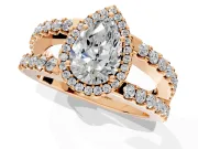 Halo Engagement Ring Setting for Pear-Shaped Center with Wide-Open Pave Split Shank and Prong Head in Rose Gold