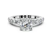 Shared-Prong Engagement Ring Setting for Cushion Cut Center with Graduated Accents and Prong Head in Sterling Silver