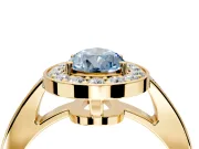 Bezel-Framed Halo Engagement Ring Setting for Fancy Blue Pear-Shaped Center with Pave Band and Prong Head in Yellow Gold