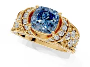 Pave Engagement Ring Setting for Fancy Blue Cushion Cut Center with Curved Accent Rows, Openwork and Prong Head in Yellow Gold