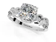 Leaf Engagement Ring Setting for Cushion Cut Center with Milgrain Accent Band and Prong Head in White Gold