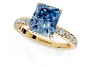 Solitaire Engagement Ring Setting for Fancy Blue Radiant Cut Center with Round Cut Pave Band and Prong Head in Yellow Gold