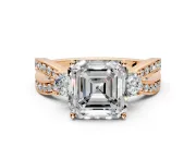 3 Stone Engagement Ring Setting for Asscher Cut Center with Pave Twist Band and Prong Head in Rose Gold
