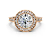 Halo Engagement Ring Setting for Round Cut Center with Milgrain Halo, Pave Band and Prong Head in Rose Gold