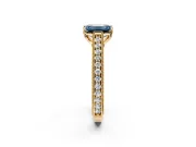 Solitaire Engagement Ring Setting for Fancy Blue Emerald Cut Center with Engraved Pave Band and Prong Head in Yellow Gold
