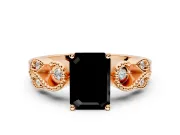 Leaf Engagement Ring Setting for Fancy Black Emerald Cut Center with Milgrain Accent Band and Prong Head in Rose Gold