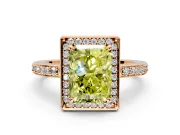 Halo Engagement Ring Setting for Fancy Yellow Radiant Cut Center with Metal-Rimmed Halo, Pave Band and Prong Head in Rose Gold