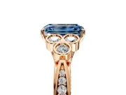 Cluster Engagement Ring Setting for Fancy Blue Emerald Cut Center with Bezel Accent Clusters and Prong Head in Rose Gold