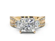 3 Stone Engagement Ring Setting for Princess Cut Center with Pave Twist Band and Prong Head in Yellow Gold