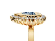 Halo Engagement Ring Setting for Fancy Blue Heart-Shaped Center with Milgrain Bezel Rim, Plain Band and Prong Head in Yellow Gold