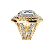 Double Halo Engagement Ring Setting for Asscher Cut Center with Narrow Pave Split Shank and Prong Head in Yellow Gold