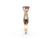 3 Stone Engagement Ring Setting for Fancy Pink Round Cut Center with Pave Split Shank and Prong Head in Rose Gold