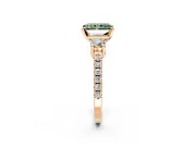 3 Stone Engagement Ring Setting for Fancy Green Radiant Cut Center with Round Cut Side Accents and Prong Head in Rose Gold