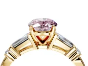 Bar-Set Engagement Ring Setting for Fancy Pink Oval Center with Tapered Baguette Accents and Prong Head in Yellow Gold