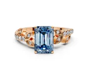 Leaf Motif Engagement Ring Setting for Fancy Blue Emerald Cut Center with Pave Band and Prong Head in Rose Gold
