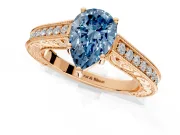 Solitaire Engagement Ring Setting for Fancy Blue Pear-Shaped Center with Engraved Pave Band and Prong Head in Rose Gold